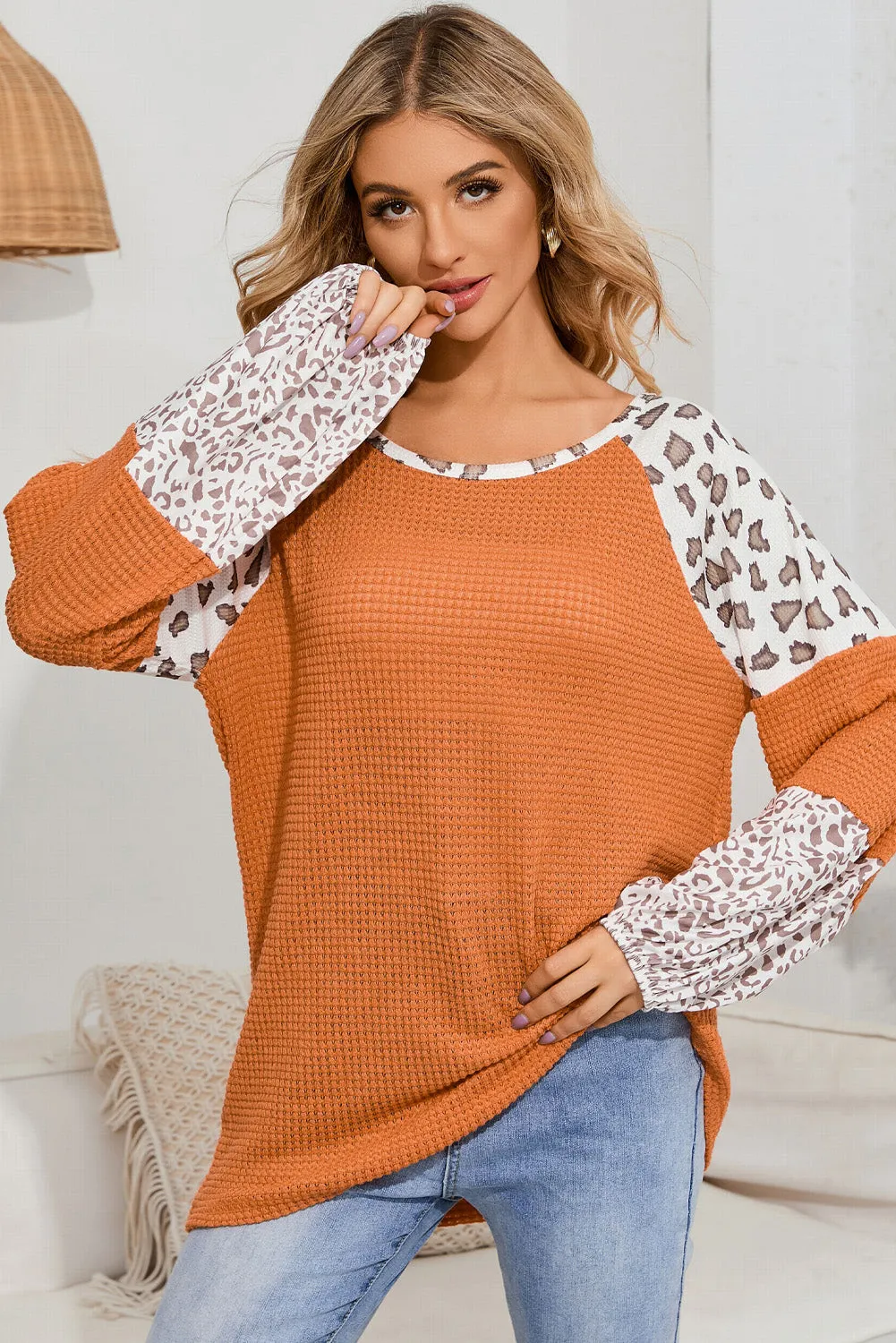 Orange Leopard Colorblock Waffle Knit Top