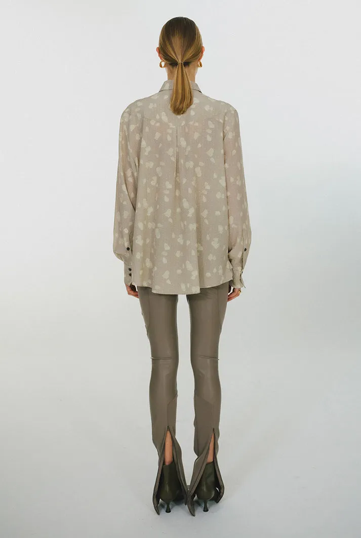 Oversized Floral Print Silk Shirt | Beige