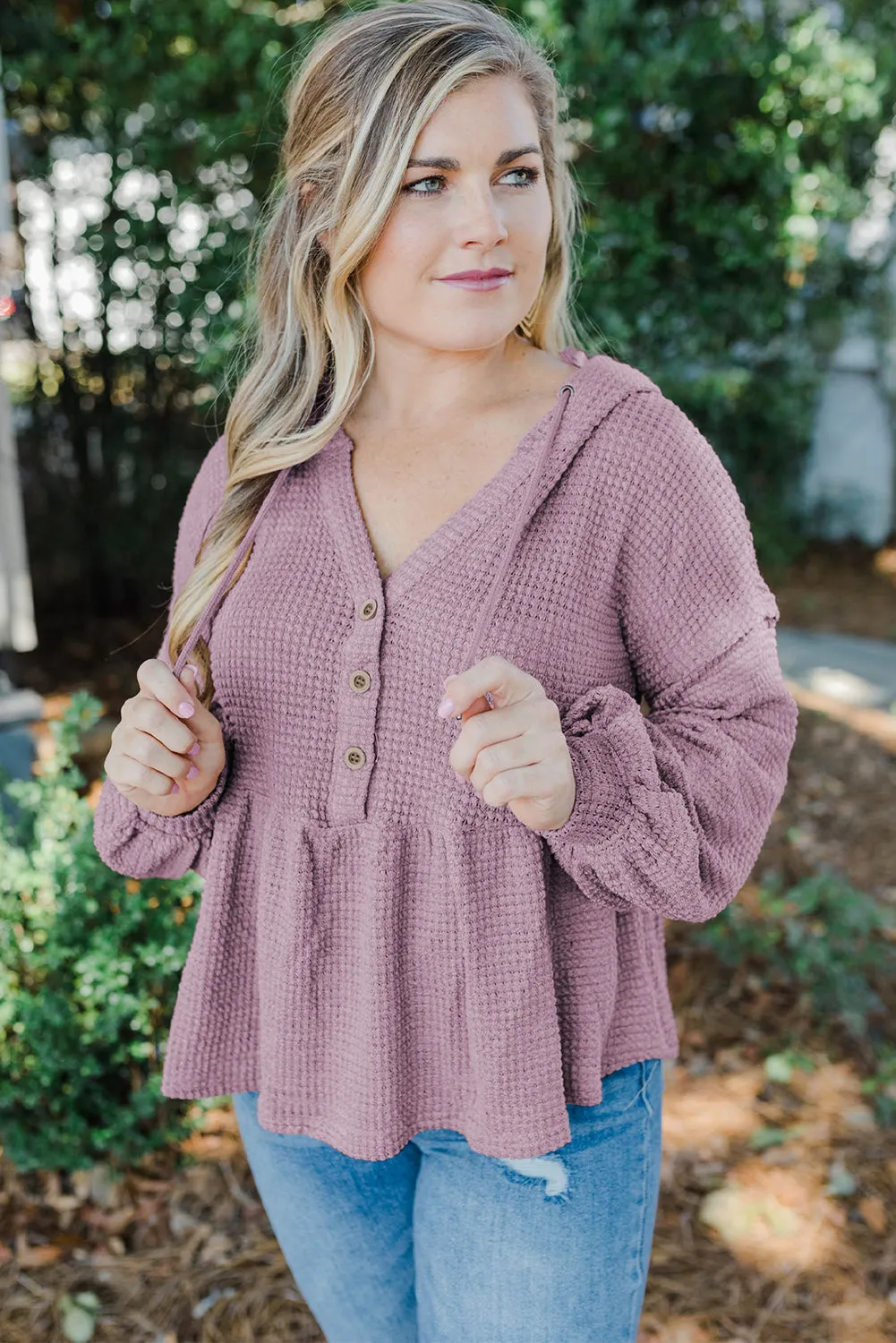 Pink Plus Size Hooded Waffle Knit Long Sleeve Top