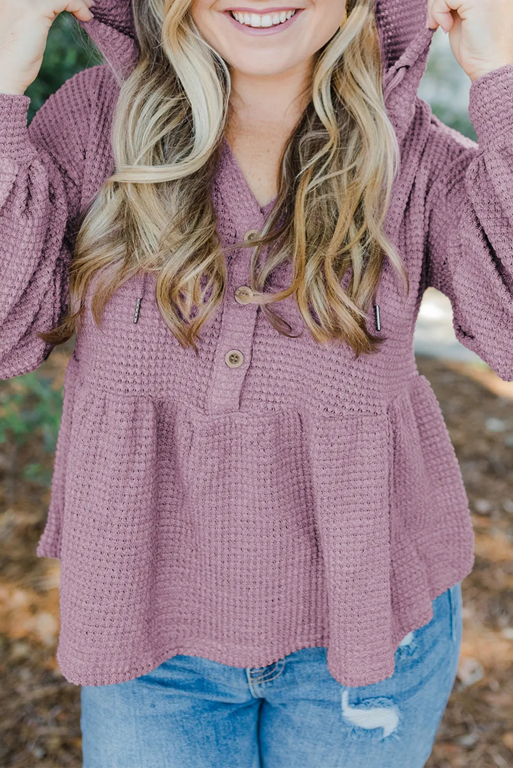 Pink Plus Size Hooded Waffle Knit Long Sleeve Top