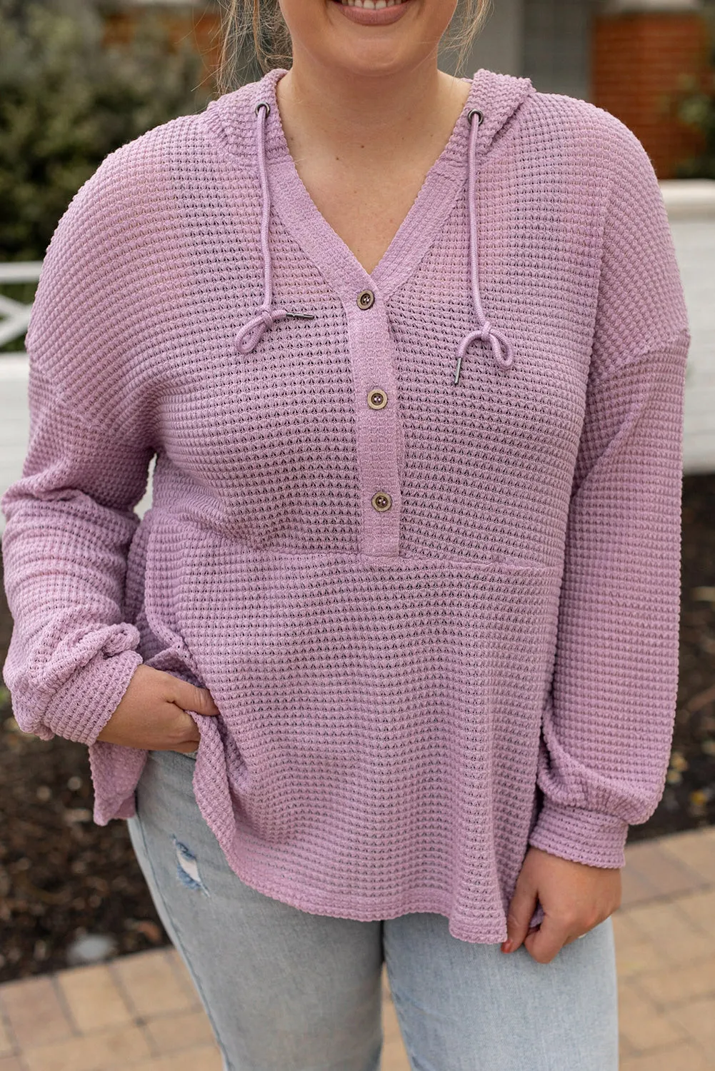 Pink Plus Size Hooded Waffle Knit Long Sleeve Top