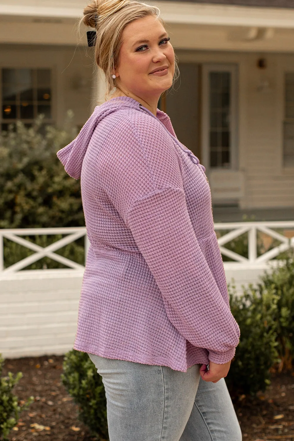 Pink Plus Size Hooded Waffle Knit Long Sleeve Top