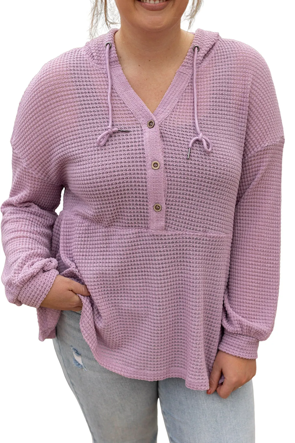 Pink Plus Size Hooded Waffle Knit Long Sleeve Top