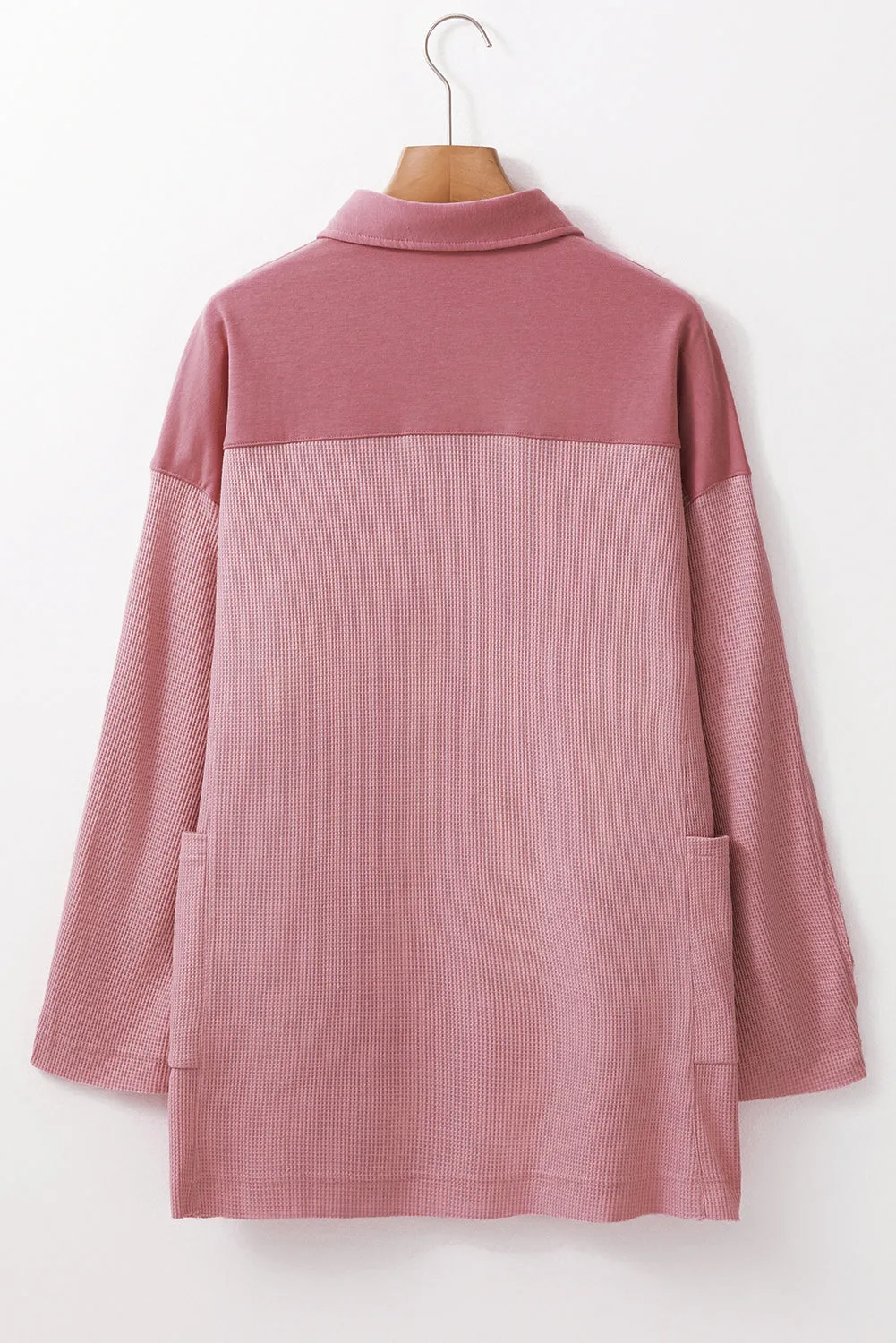 Pink Waffle Long Sleeve Collar Half Button Loose Top