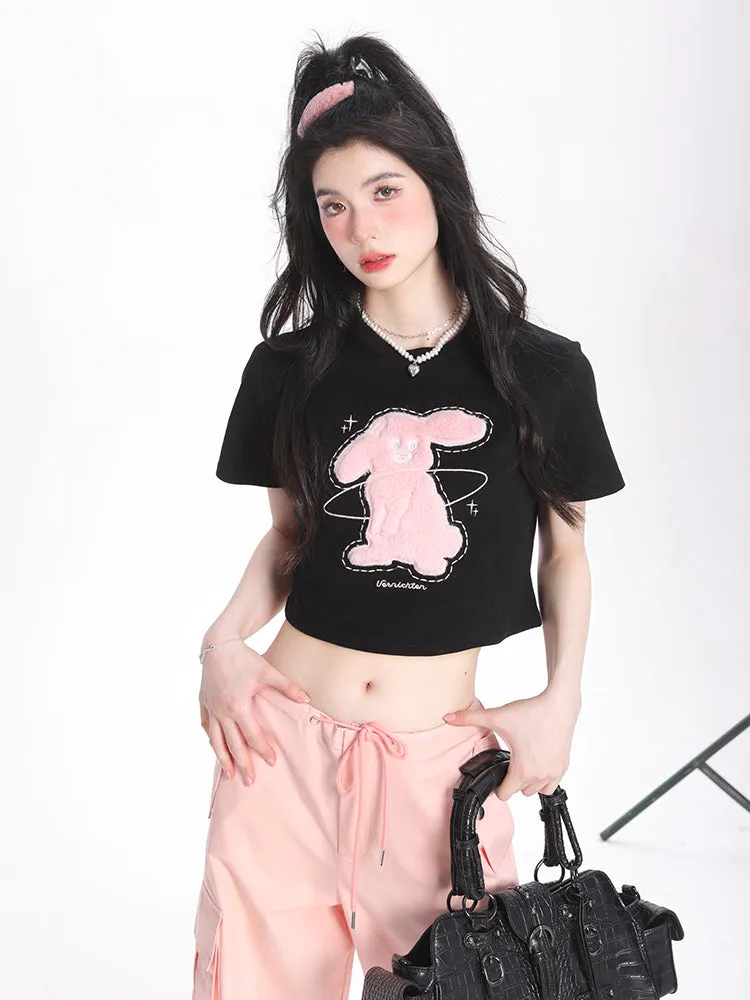 Plush Rabbit Short-Sleeved Loose Crop Tops & Tees