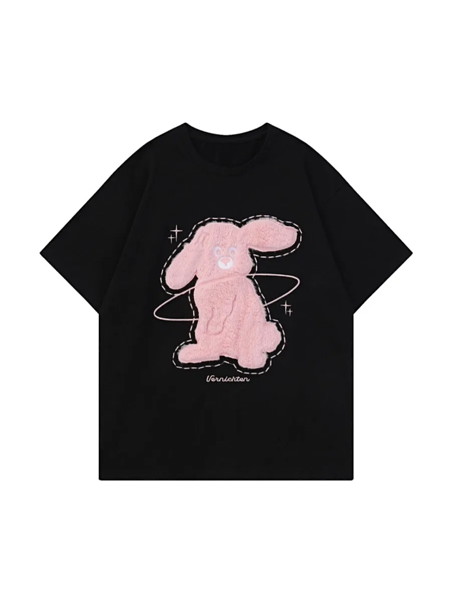 Plush Rabbit Short-Sleeved Loose Crop Tops & Tees