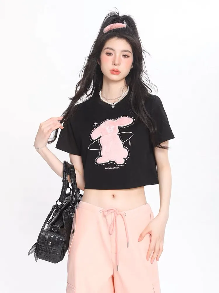 Plush Rabbit Short-Sleeved Loose Crop Tops & Tees