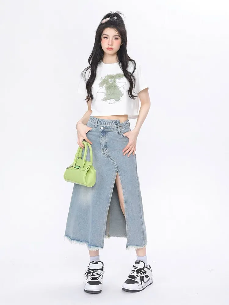 Plush Rabbit Short-Sleeved Loose Crop Tops & Tees