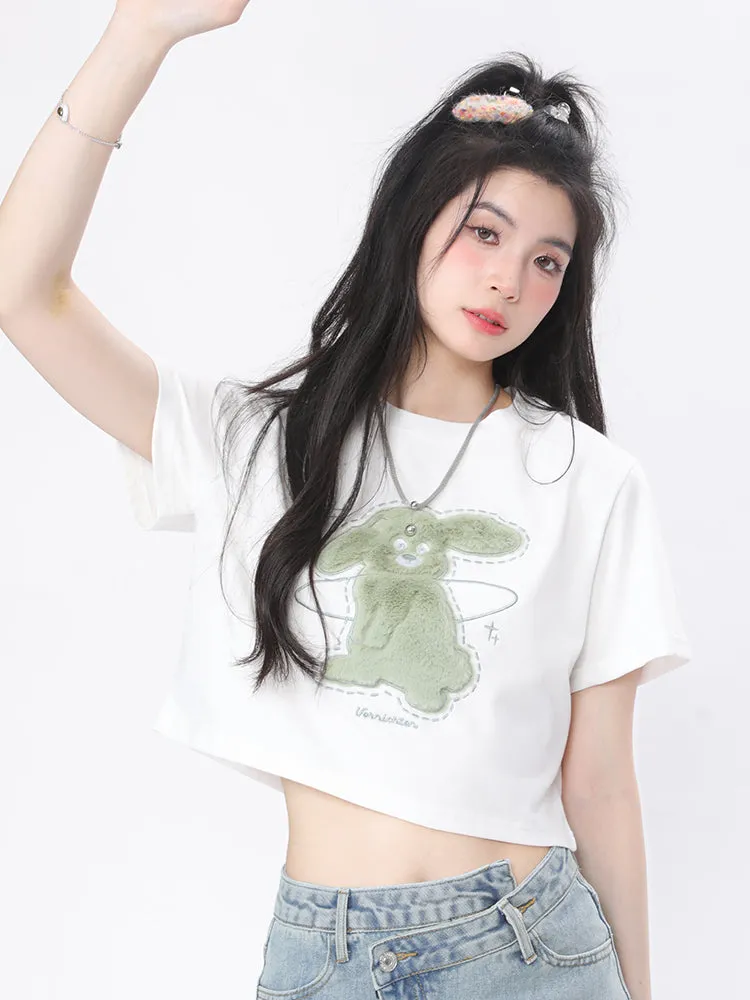 Plush Rabbit Short-Sleeved Loose Crop Tops & Tees