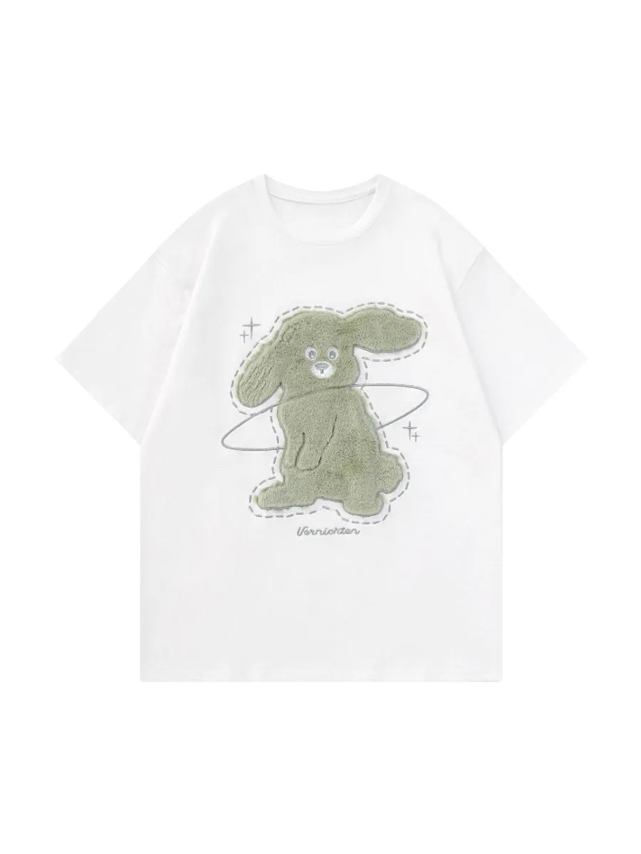 Plush Rabbit Short-Sleeved Loose Crop Tops & Tees