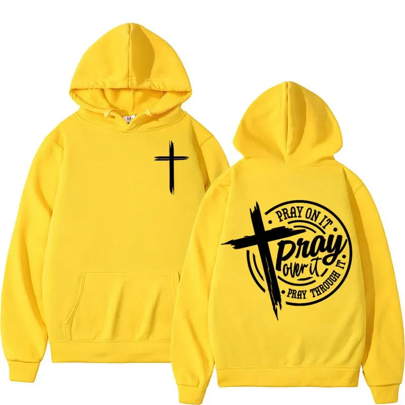 Pray on It Pray Over It Bible Verse Hoodies Men's Clothing Aesthetic Christian Cross Sweatshirt Unisex Fashion Hoodie Streetwear