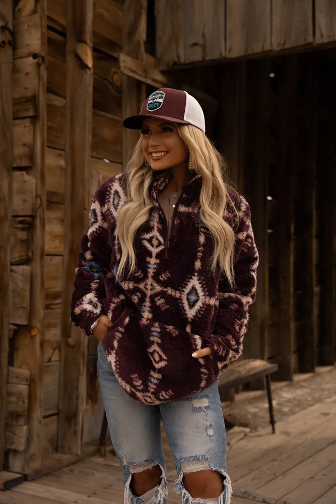 "Ladies Fleece Pullover" Maroon w/Aztec