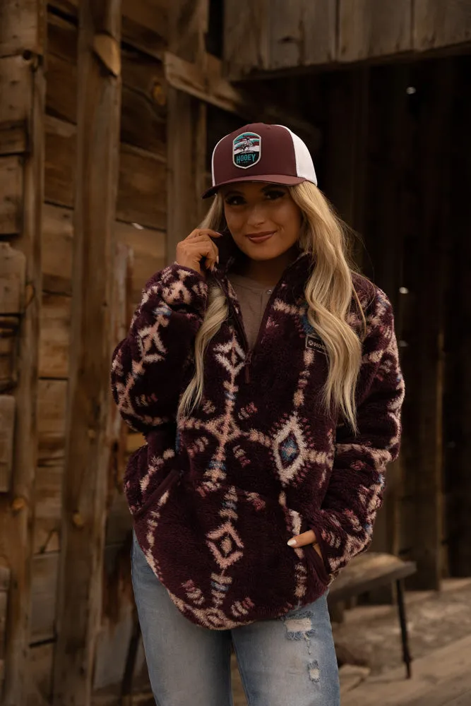 "Ladies Fleece Pullover" Maroon w/Aztec