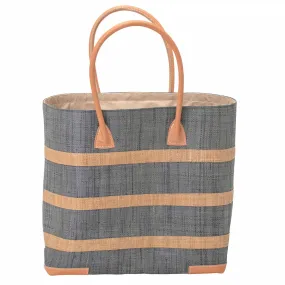 Raffia Grey Beach Tote Stripe with Leather Handle