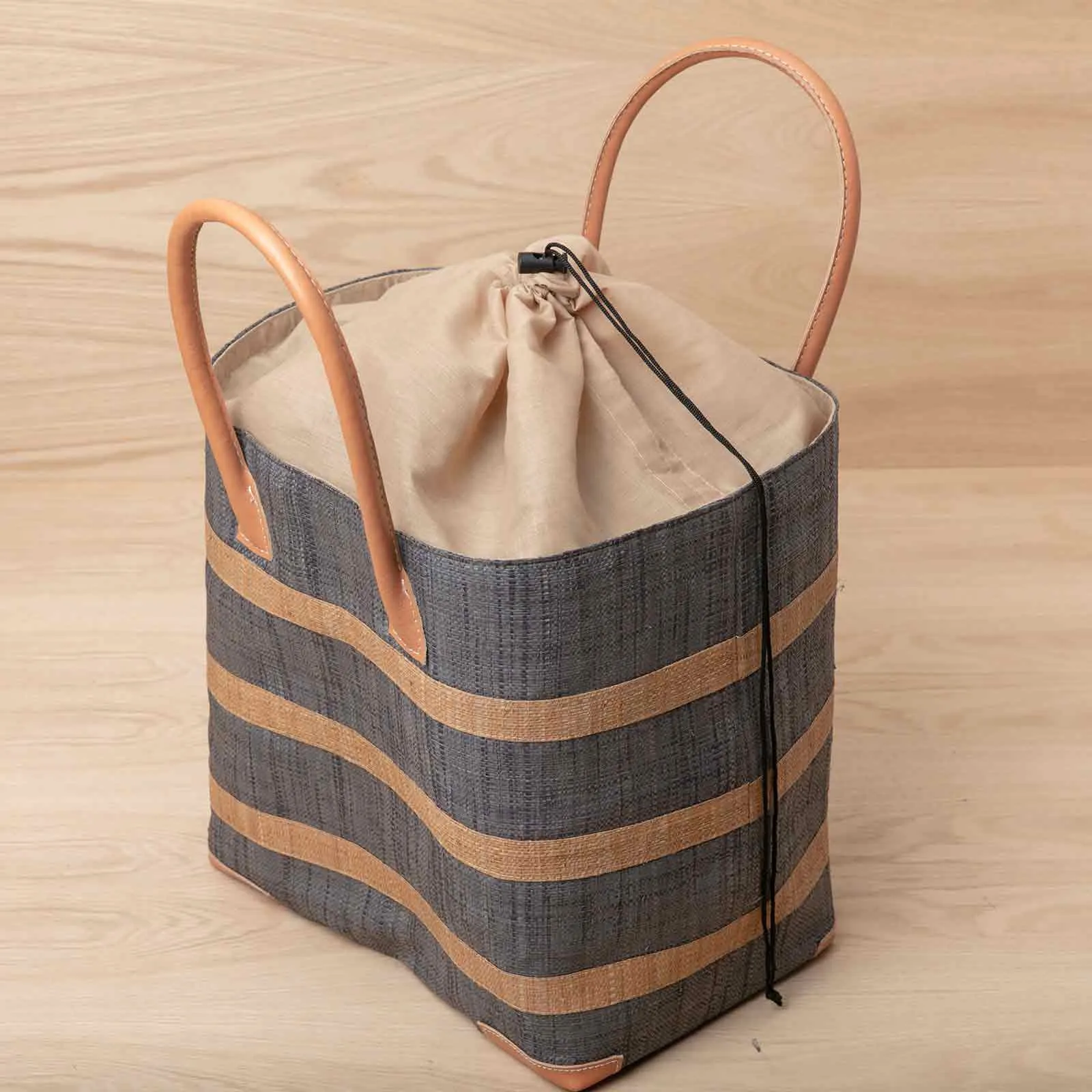 Raffia Grey Beach Tote Stripe with Leather Handle