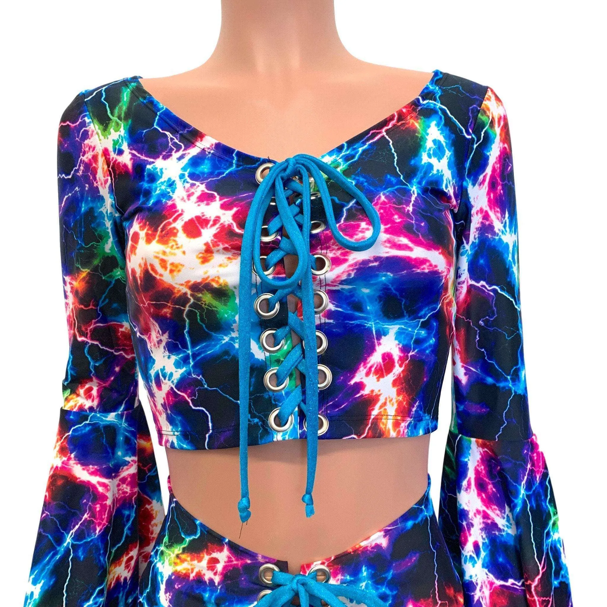 SALE - Lace-Up Bell Sleeve Crop Top - Cosmic Thunder