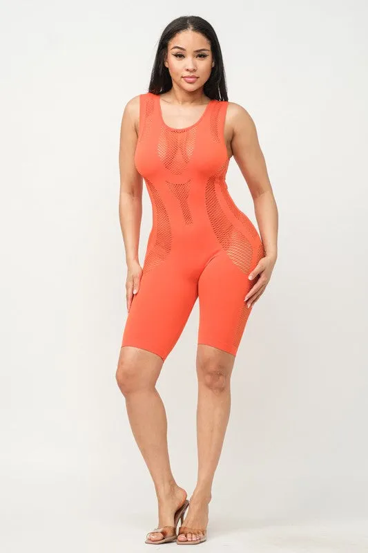 SEAMLESS SCOOP NECK ALL OVER FISHNET ROMPER