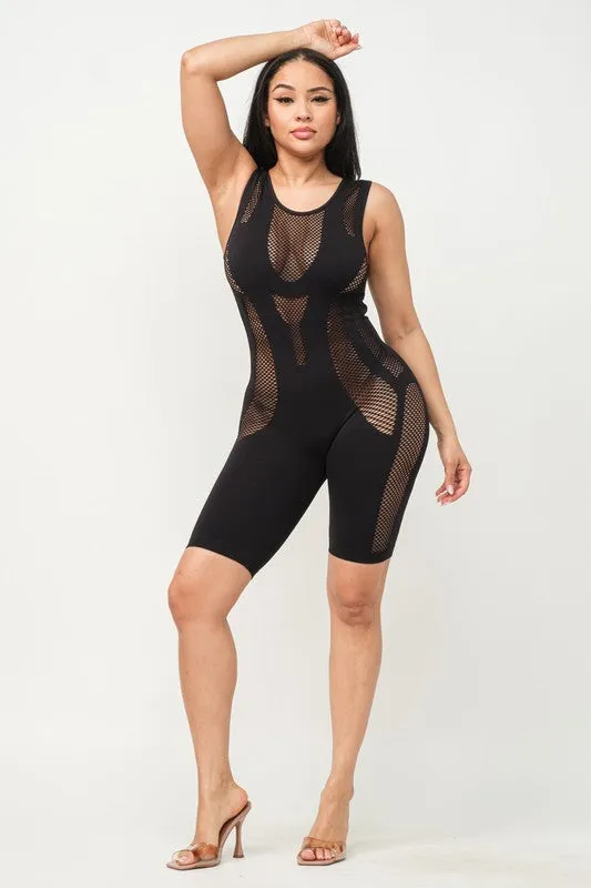 SEAMLESS SCOOP NECK ALL OVER FISHNET ROMPER