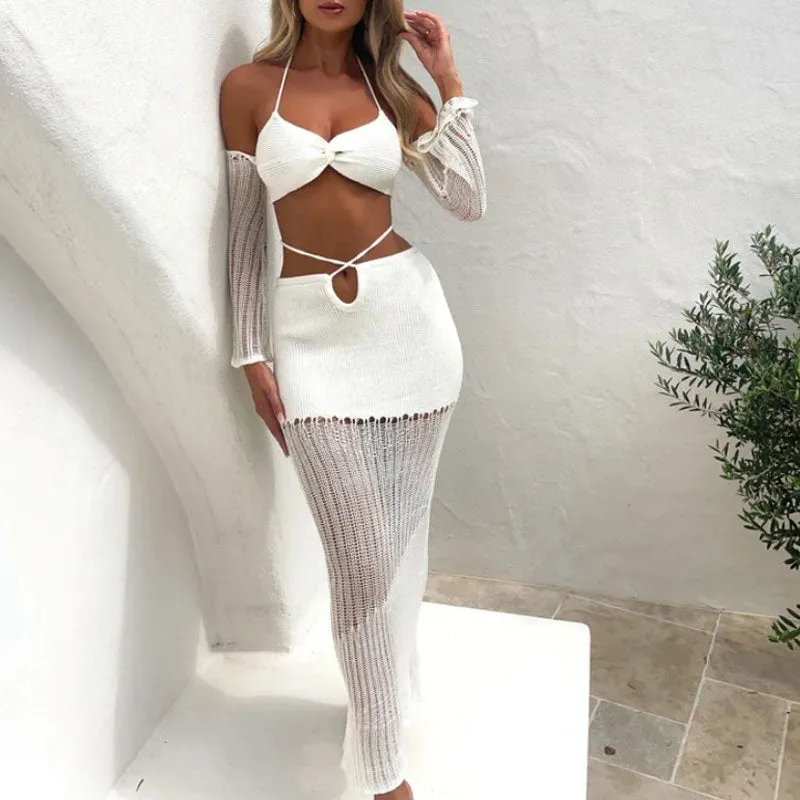 Sexy Ladder Knit Twist Bra Top and Drop Waist Fishtail Maxi Skirt Matching Set