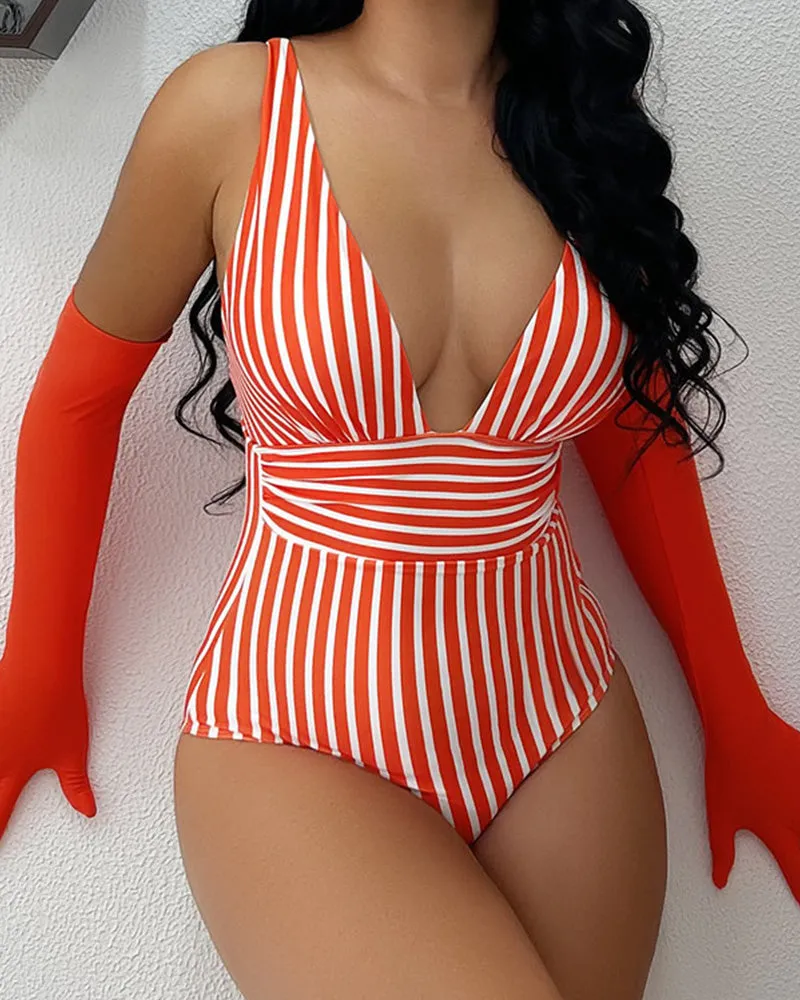 SheCurve® Striped Plunging Neck Swimsuit