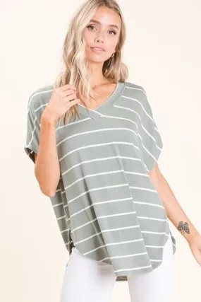 Short Sleeve Striped Loose Fit V-Neck Top- Sage