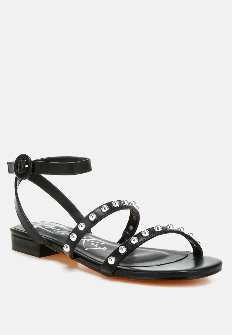 Studded Ankle Strap Flat Sandals by RUW