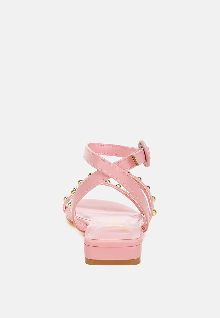 Studded Ankle Strap Flat Sandals by RUW