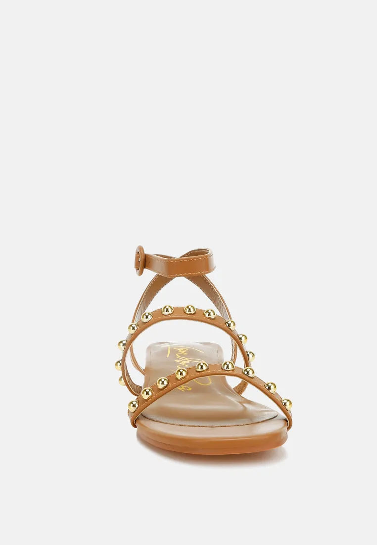 Studded Ankle Strap Flat Sandals by RUW