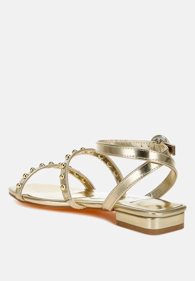 Studded Ankle Strap Flat Sandals by RUW