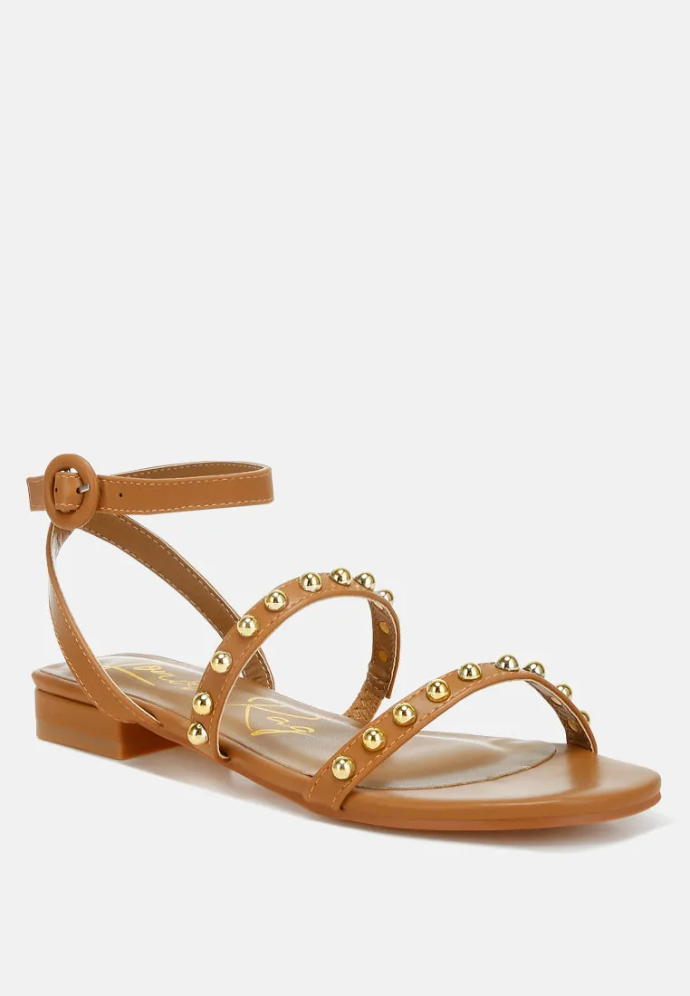 Studded Ankle Strap Flat Sandals by RUW