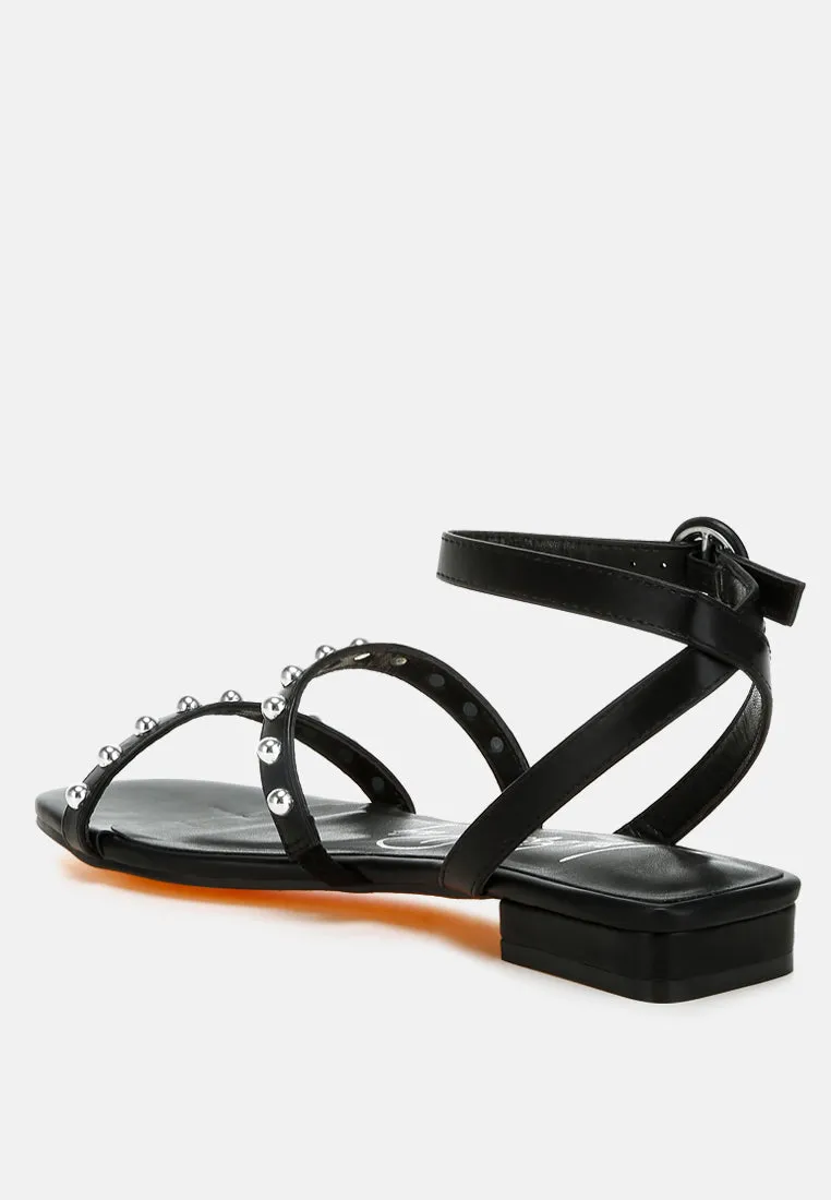 Studded Ankle Strap Flat Sandals by RUW