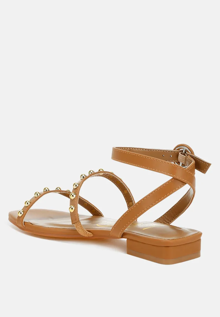 Studded Ankle Strap Flat Sandals by RUW