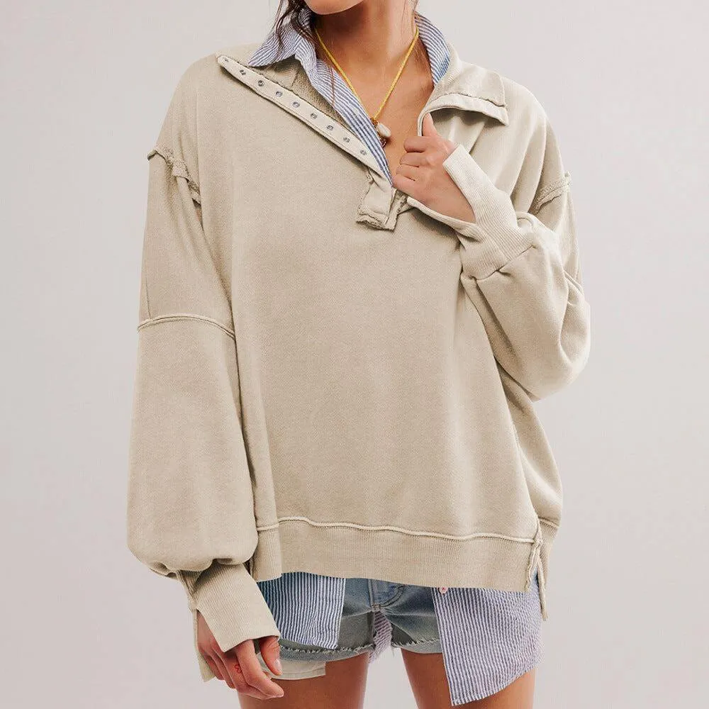 Top Sportswear - Fashion Button Lapel Sweatshirt With Slit Design Pullover Top Sportswear For Women's