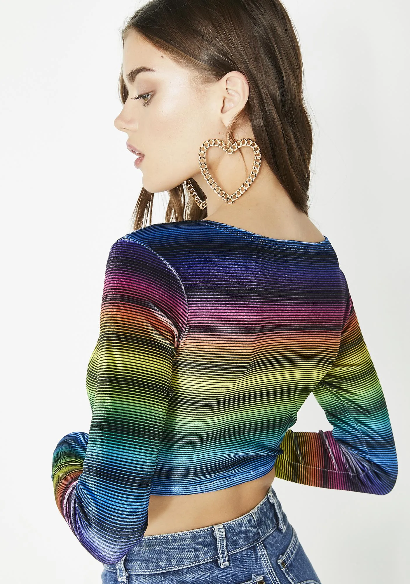 Velvet Rainbow Stripe Long Sleeve Crop Top