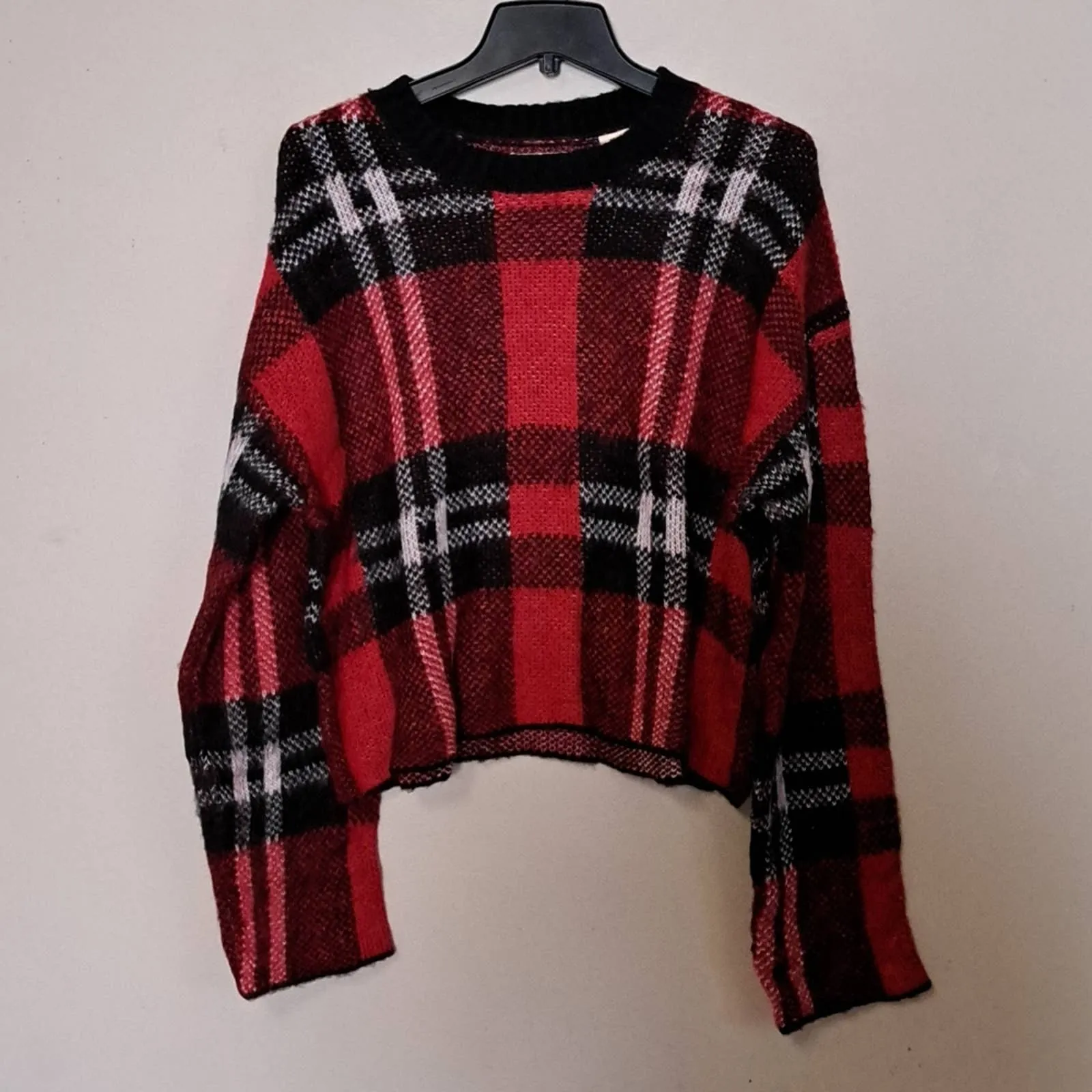 Weatherproof Vintage Plaid Bell-Sleeve Crop Sweater in Red Medium