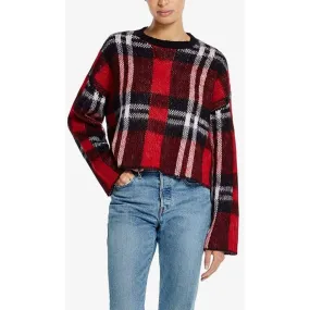 Weatherproof Vintage Plaid Bell-Sleeve Crop Sweater in Red Medium