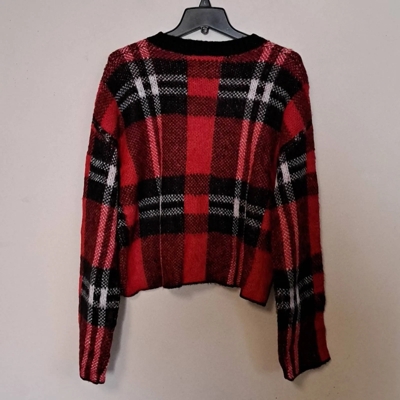 Weatherproof Vintage Plaid Bell-Sleeve Crop Sweater in Red Medium