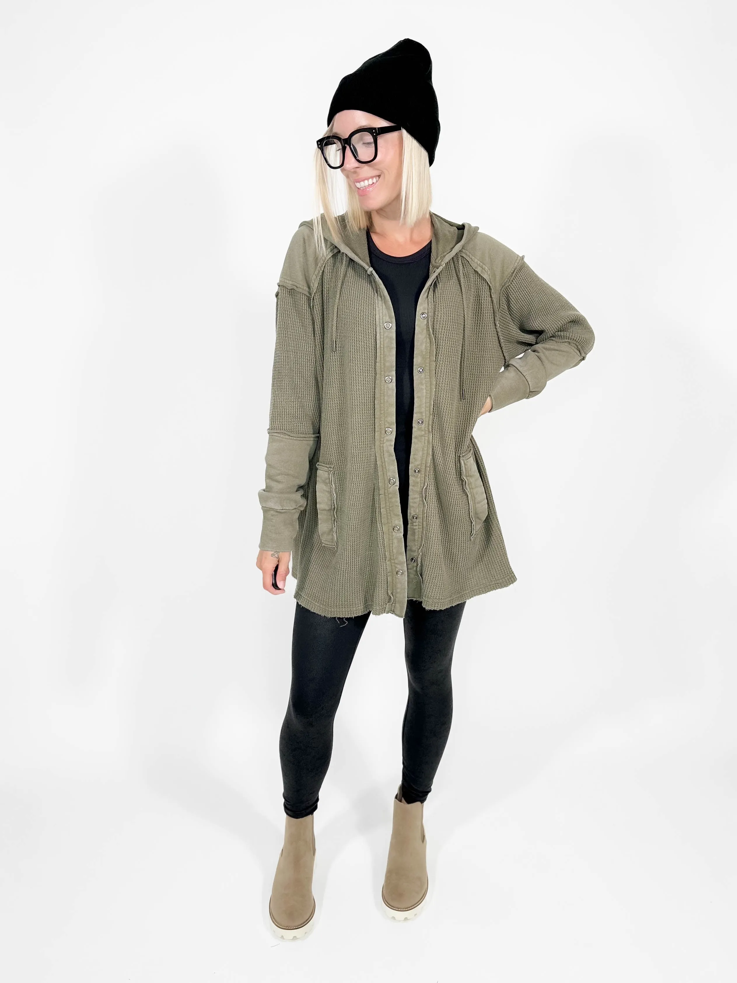 Whitley Knit Waffle Hoodie Shacket- OLIVE