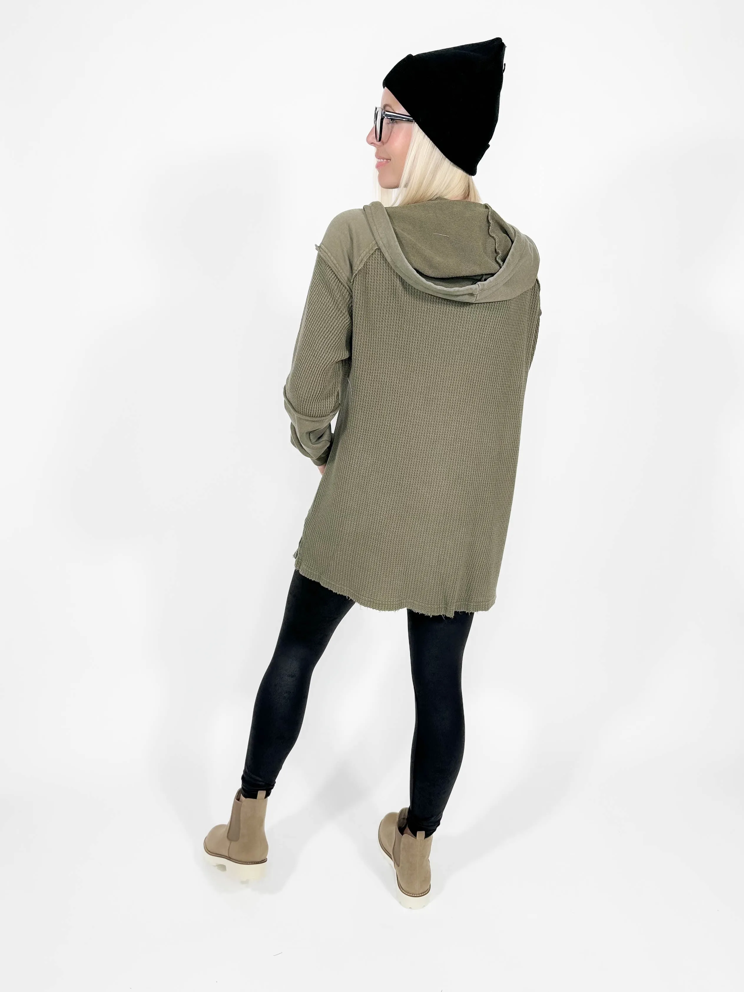 Whitley Knit Waffle Hoodie Shacket- OLIVE