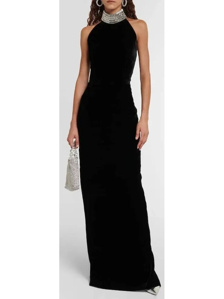 Women’s Crystal Embellished Turtleneck Velvet Gown