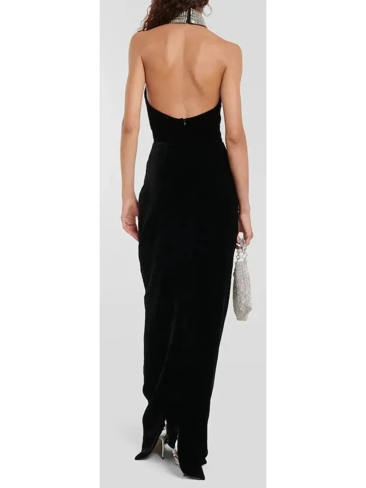 Women’s Crystal Embellished Turtleneck Velvet Gown