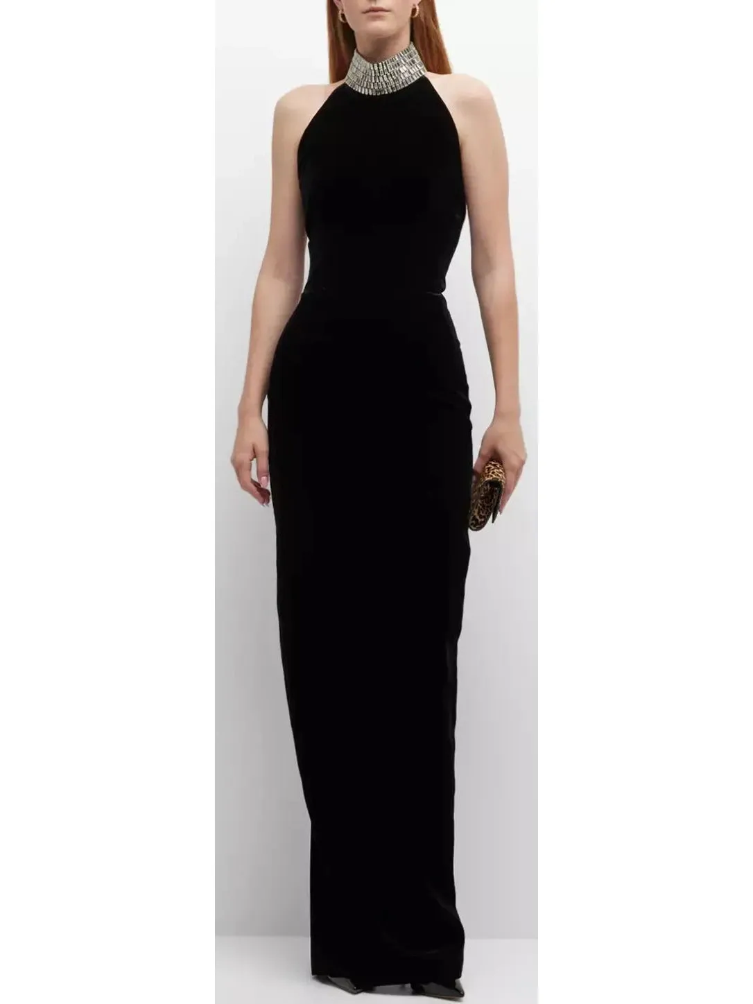 Women’s Crystal Embellished Turtleneck Velvet Gown