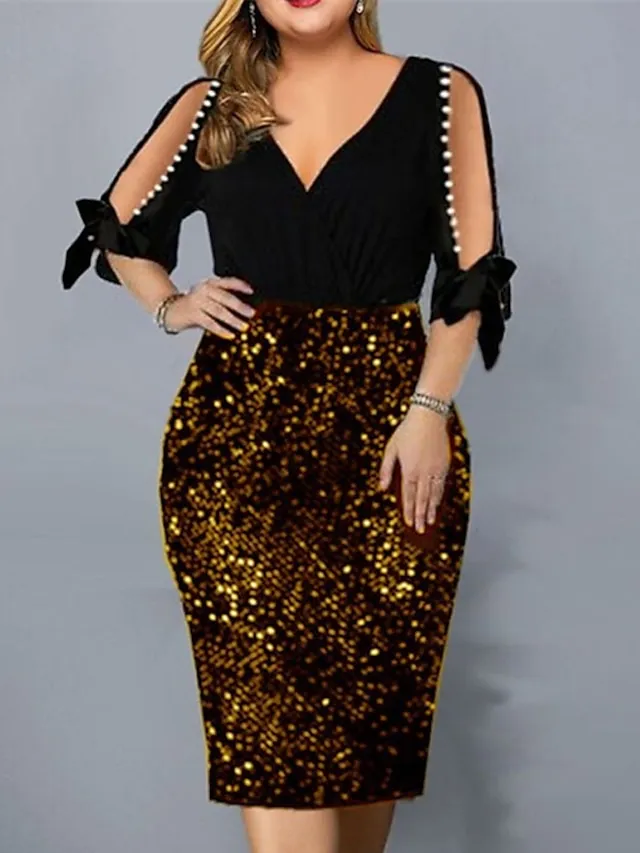 Women's Plus Size Sequin Dress Party Dress Sparkly Dress Solid Color V Neck Half Sleeve Spring Fall Stylish Prom Dress Midi Dress Club Dress Sheath Dress