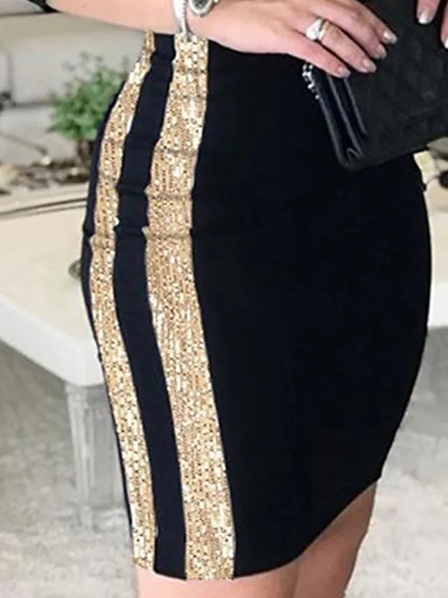 Women's Sequin Dress Party Dress Sparkly Dress Black Dress Cocktail Dress Black Bodycon Sheath Dress Midi Dress 3/4 Length Sleeve Color Block Fall Winter Autumn V Neck Stylish Party